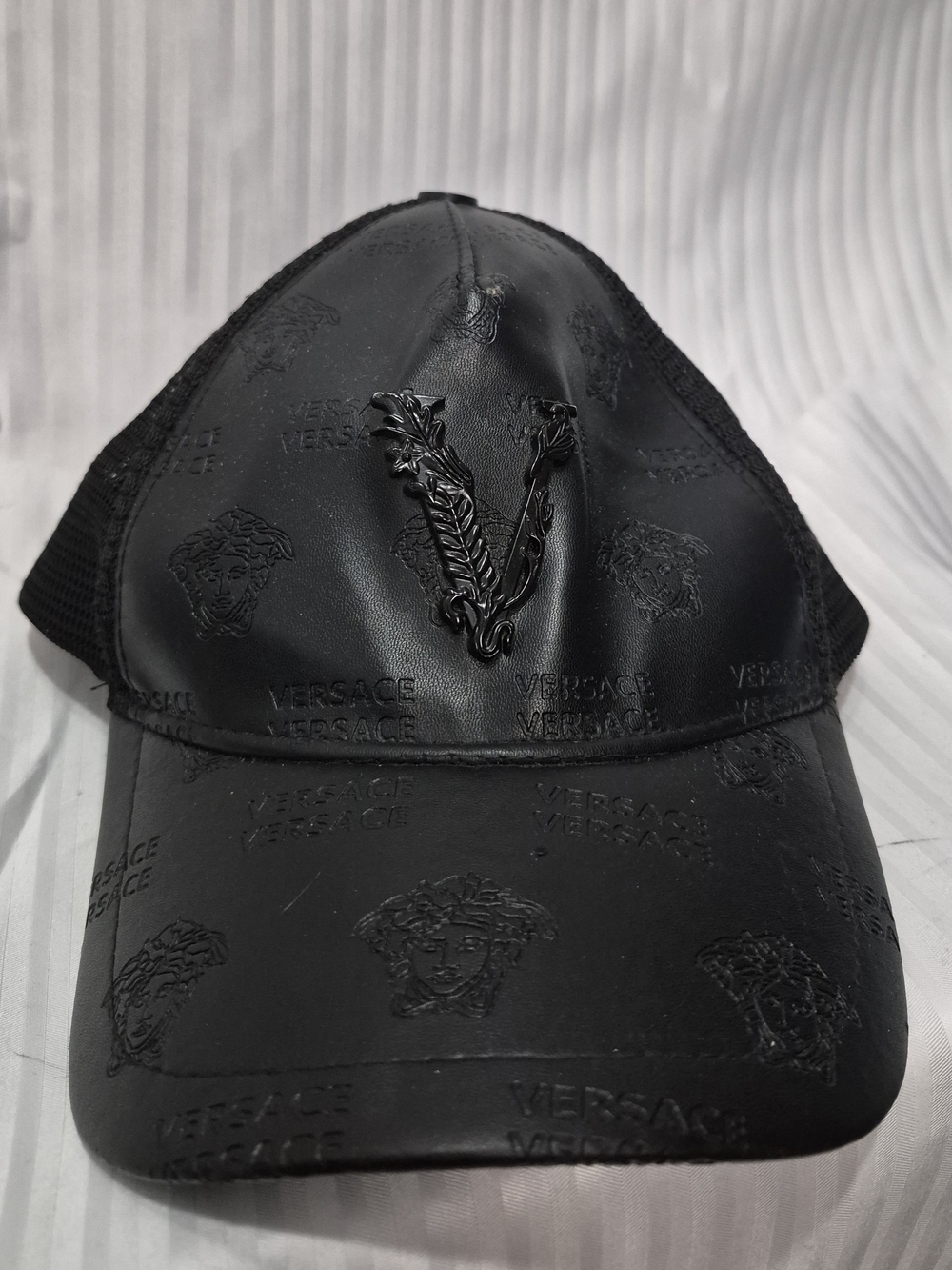 Vintage Trucker Versace Black Leather Net Snap Back Cap